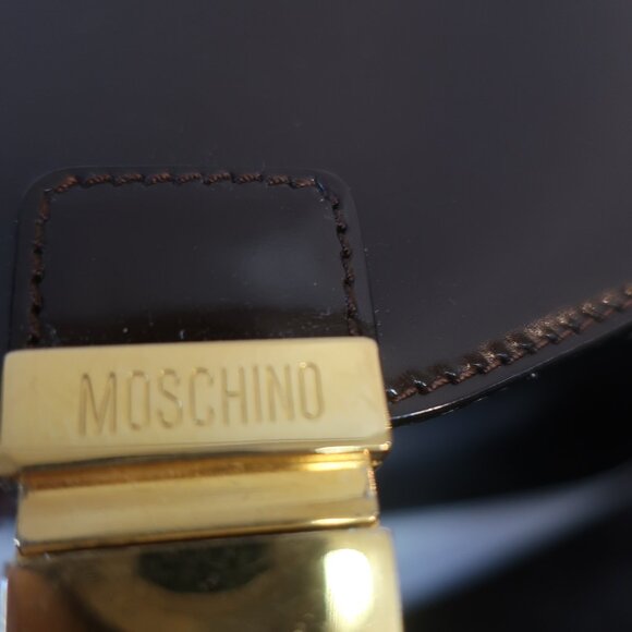 Womens Moschino 453248 Brown Black Matted Patent Leather Shoulder Handbag - Picture 12 of 16